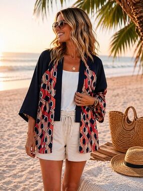Trina Turk Evangelina Silk Kimono Open Front Cardigan Boho Medium Euro Summer